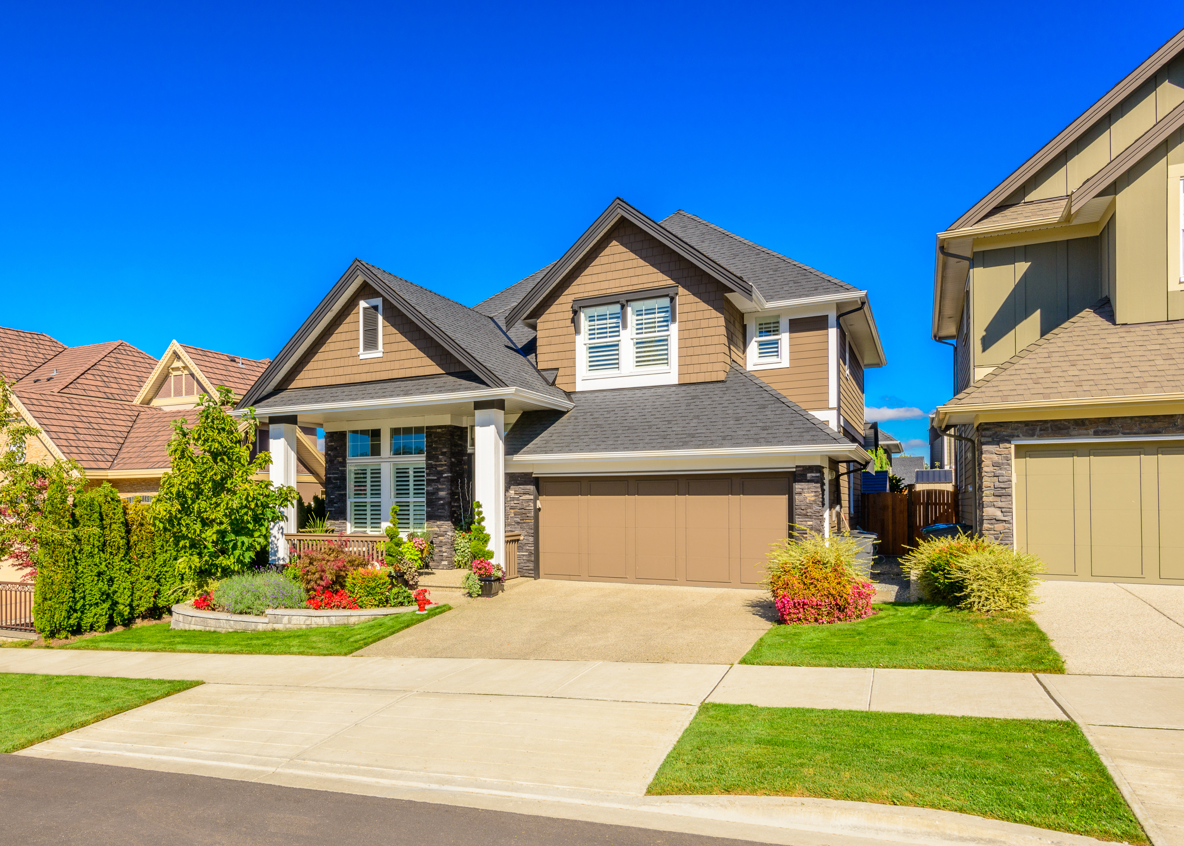 A perfect neighborhood. Houses in suburb at Spring in the north